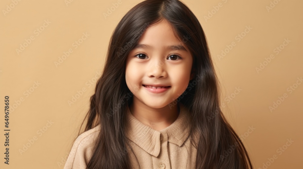 Portrait of a cheerful brunette child, dressed in neutral attire, flashing a big smile. Generative AI Portrait of a cheerful brunette child, dressed in neutral attire, flashing a big smile. Generative AI