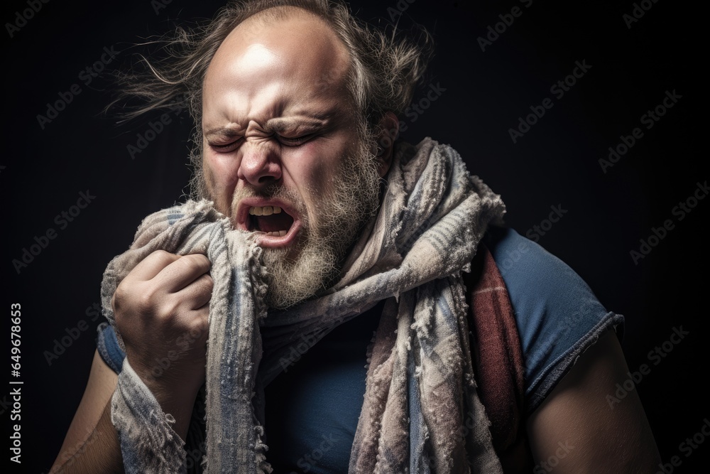 Sick man sneezes into a paper napkin or handkarchief on dark background