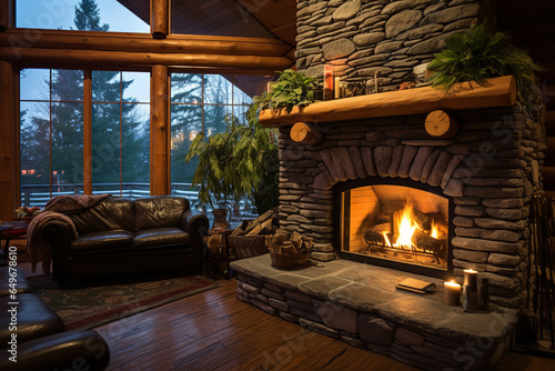 A rustic corner fireplace built with stacked river stones complements the wooden interior of a log cabin