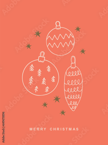 Christmas toys for congratulations  minimalist style vector illustration. Ink drawn festive template for congratulations on winter holidays. Boho style background design element for print, card, paper