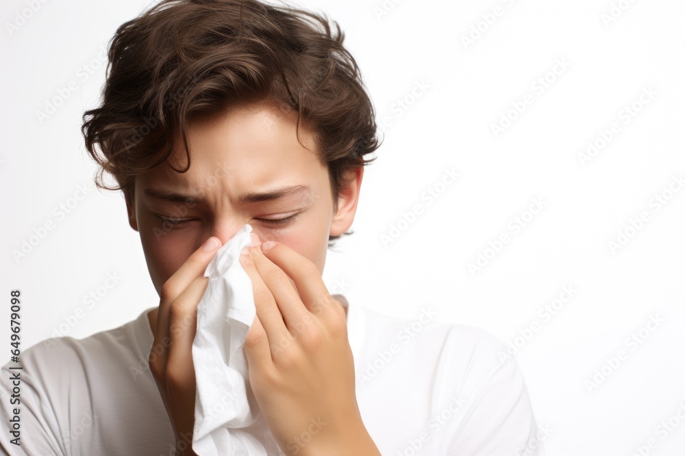Sick teenage boy sneezes into a paper napkin or handkarchief on white background. New outbreak of the coronavirus pandemic. Covid pandemic in 2024 2025 pirola strain and omicron disease concept Sick teenage boy sneezes into a paper napkin or handkarchief on white background. New outbreak of the coronavirus pandemic. Covid pandemic in 2024 2025 pirola strain and omicron disease concept