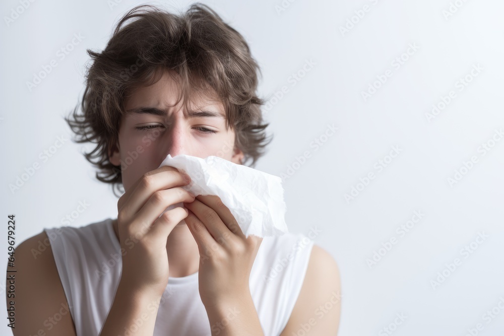 Sick teenage boy sneezes into a paper napkin or handkarchief on white background. New outbreak of the coronavirus pandemic. Covid pandemic in 2024 2025 pirola strain and omicron disease concept Sick teenage boy sneezes into a paper napkin or handkarchief on white background. New outbreak of the coronavirus pandemic. Covid pandemic in 2024 2025 pirola strain and omicron disease concept