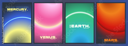 Neon Space Gradient Poster Set. Cyberpunk Sci-Fi and Space Neon Vibes. Abstract Futuristic Layouts with Earth and Mars Elements. Vector Minimal Tech Templates for Banners, Covers, and Backdrops.