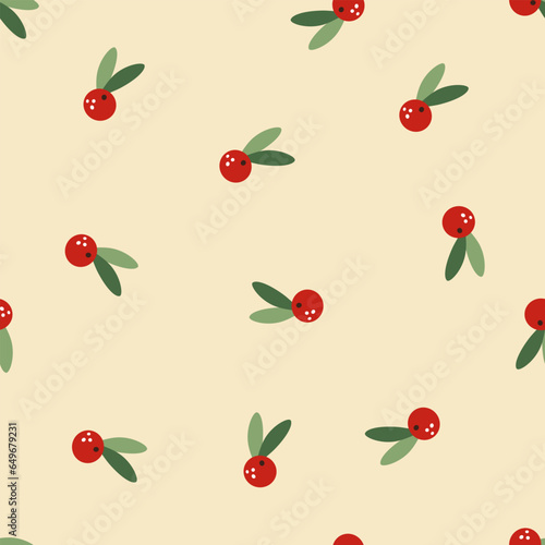 Vector New Year pattern. New Year berries  sharrow  red berries  green leaves  beige background . Vector illustration