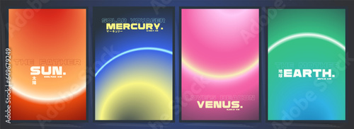 Futuristic Space Gradient Poster Set. Neon Cyberpunk Galaxy and Digital Cosmos Aesthetics. Abstract Dark Backgrounds with Vibrant Tech Elements. Vector Minimalistic Solar System Design.