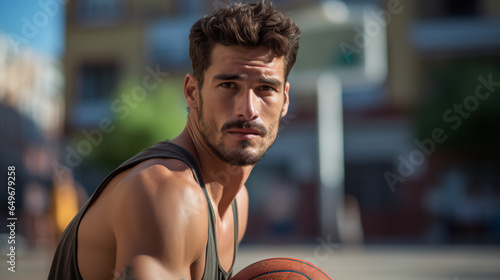 a Spanish basketball player sinks a three-point shot on a city court, their confident posture and focused gaze capturing the skill and precision needed in the game of basketball © kian