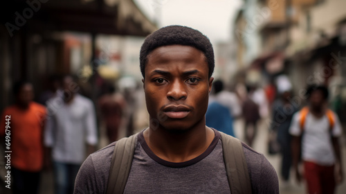 a charismatic Nigerian student leads a workshop on a bustling city street, inspiring fellow students to explore their entrepreneurial potentials.  photo