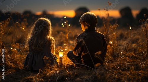 Little boy and girl seated in a field as twilight descends