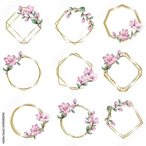 Vector floral frames for cards and invitations. Branches of pink sakura, magnolia. Collection of frames with pink flowers on white background. Vector illustration