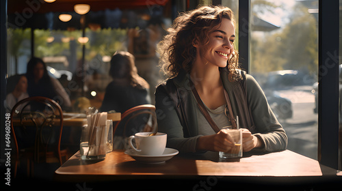 Young beautiful girl holding a cup of coffee in cafe. Girl with coffee. Female traveler, travel vacation fun summer. Young woman drinking coffee at cafe - Ai