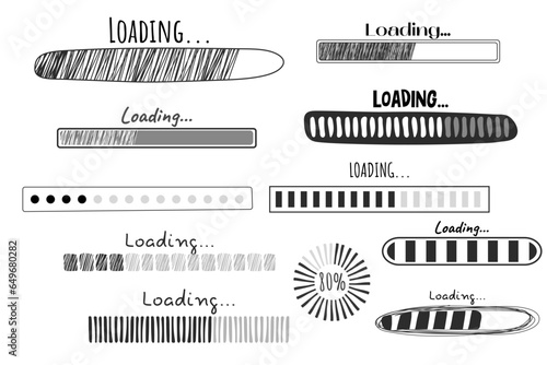 Set Loading bar, progress in doodle style isolated on white background. Indicator, line hand drawn sketch.