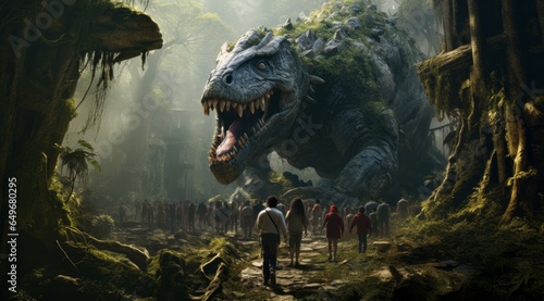 Giant prehistoric Dinosaur in a contemporary forest with people arriving to watch.