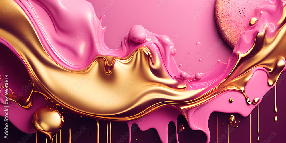 Abstract pink marble liquid texture with gold splashes, rose luxury background. Generative AI.