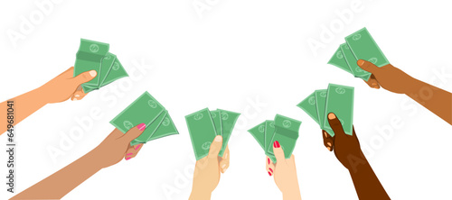 Group of Diversity Business Hands Holding Money. Vector illustration of bidding auction concept