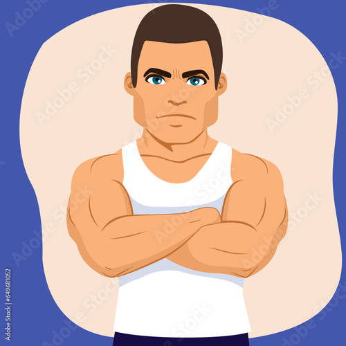 Strong bodybuilder man crossing arms vector carton illustration. Confident male character with white shirt showing muscly body practicing bodybuilding sport