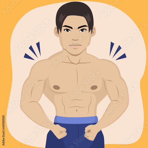 Cartoon Vector illustration of strong man showing muscles and strength. Healthy guy demonstrate muscular toned body portrait making bodybuilding and fitness