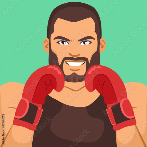 Muscular bearded man with boxing gloves portrait cartoon character vector illustration