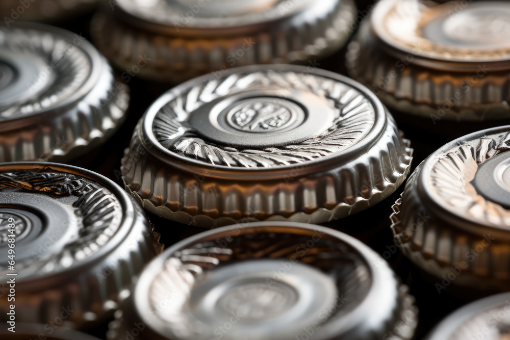 Exquisite Bottle Caps: Reveling in the Fine Detail of Captivating Close-Up Photography, showcasing the intricate beauty of embossed patterns, typography, and craftsmanship in beer and soda logos Exquisite Bottle Caps: Reveling in the Fine Detail of Captivating Close-Up Photography, showcasing the intricate beauty of embossed patterns, typography, and craftsmanship in beer and soda logos