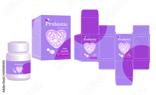 Packaging design, Label on suppliment container with probiotic box template and mockup box, illustration vector.