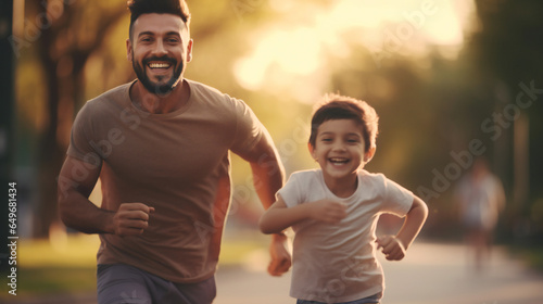 The happy father and a son running on a park on the sunset background. Happy father and son running in morning in park - Father & kid playing happy in the park - Fictional face - Generative Ai