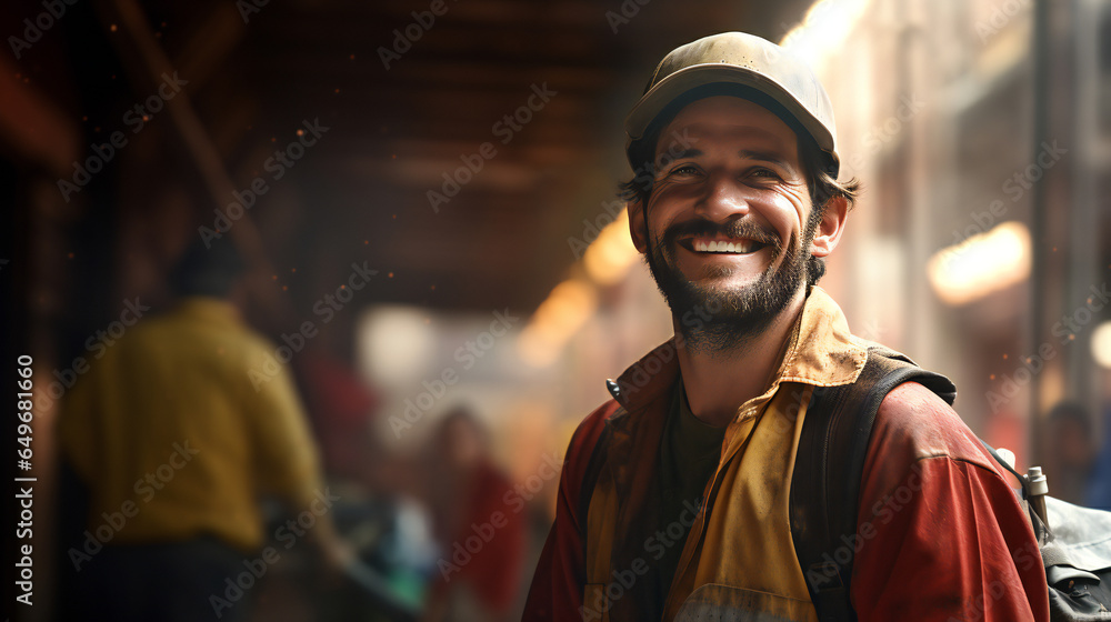 Happy male Factory labour wearing safety workwear standing in the factory . safety first in the industrial plant. - Generative Ai