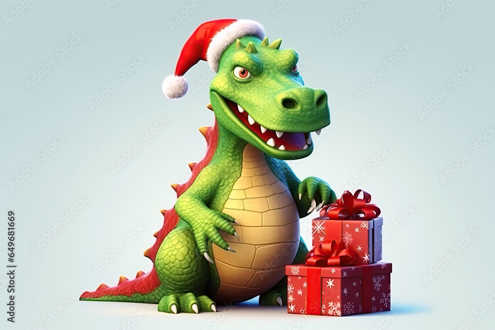 Naklejka premium Christmas greeting card with a green dragon in red Santa Claus hat with gifts in boxes in winter. Symbol of Chinese new year 2024 on a white isolated background. Generative AI illustration