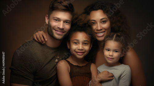 Portrait of happy multiethnic family sitting at home. Smiling couple with kids sitting on couch and looking at camera.  Generative ai © Impress Designers