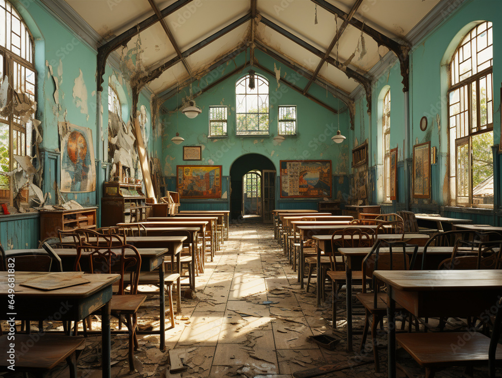 old school classroom, abandoned room, abandoned place, derelict, old, dirty school premises, created with Generative AI technology old school classroom, abandoned room, abandoned place, derelict, old, dirty school premises, created with Generative AI technology