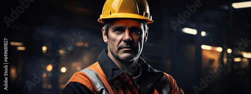 Industry worker with safety jacket and helmet working place background - Generative Ai - Fictional Face