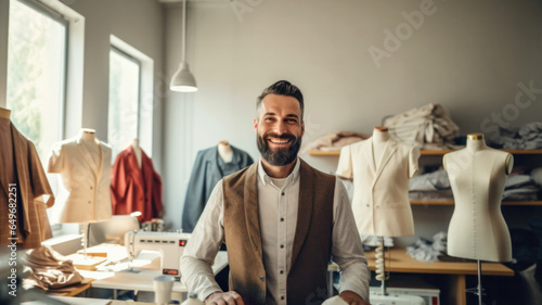 Professional portrait of a male tailor or fashion designer smiling and posing in his creative workshop among mannequins and various sewing workshop tools. photo