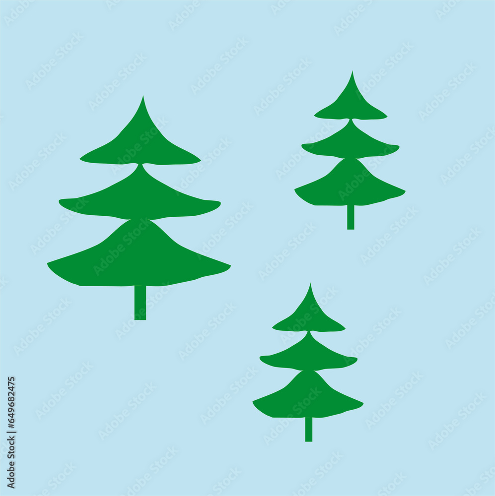 A simple flat drawing of a tree. Green fir trees on a blue background, illustration, a template for a greeting card. Design of a postcard, logo, poster, children's book, wallpaper.