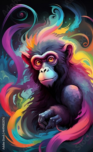 painting of a monkey with a colorful hair and a bright eye.