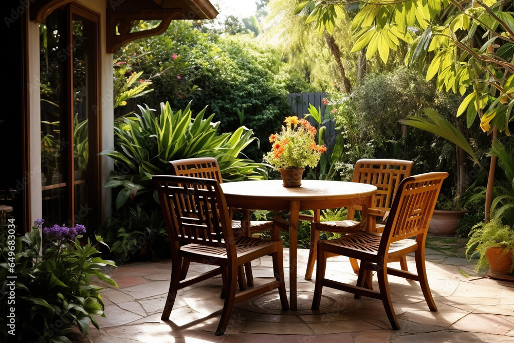 Home design table and chairs in patio garden