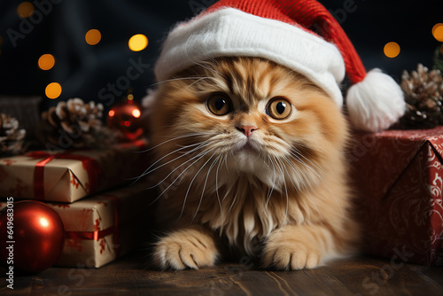 cat in Santa Claus hat under Christmas tree with gifts for the celebration of the new year