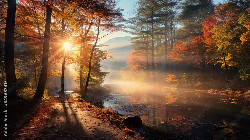 Fototapeta premium landscape morning in the autumn misty forest, the rays of sunlight at dawn shine through the fog in a panoramic view of the October park