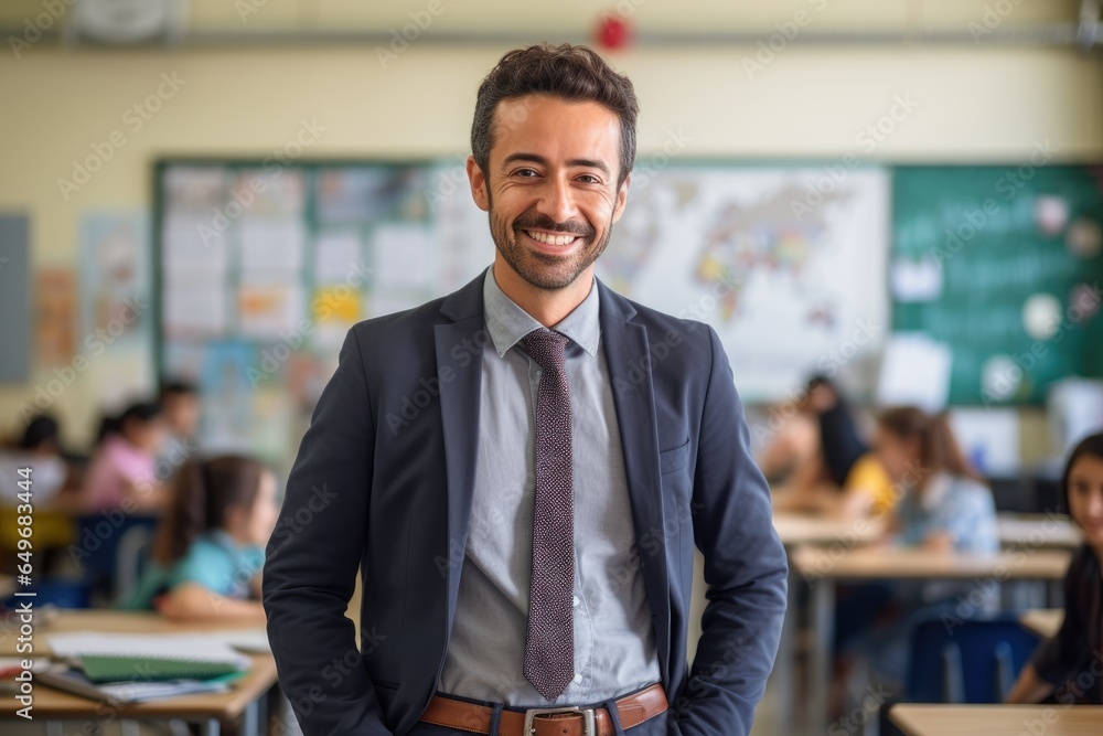 Fototapeta premium handsome teacher standing in school classroom with blurred background, lecturer