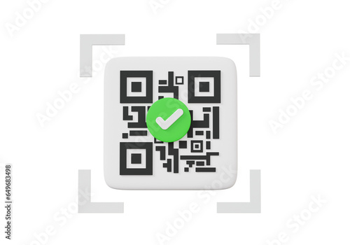 QR code scanning correct mark payments money finish isolated online payment, shopping special concept. digital transaction financial, approved, yes, right. 3d render illustration elements
