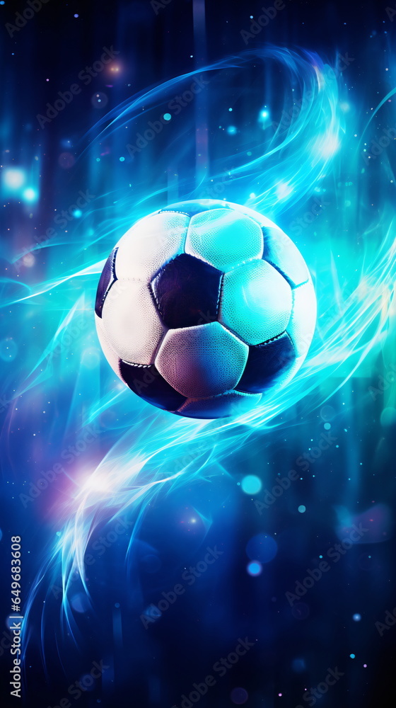 Vertical Fiery Soccer Ball In Goal In Flames, neon lines soccer ball light background. Mobile Football ads background. colorful explosion of fire energy and movement. Generative AI