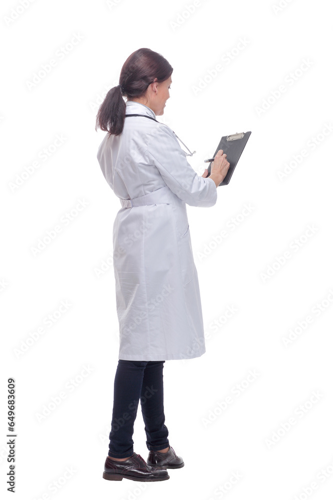 Back view female doctor with stethoscope and clipboard Back view female doctor with stethoscope and clipboard