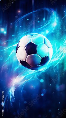 Vertical Fiery Soccer Ball In Goal In Flames, neon lines soccer ball light background. Mobile Football ads background. colorful explosion of fire energy and movement. Generative AI