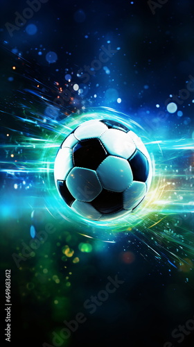 Vertical Fiery Soccer Ball In Goal In Flames  neon lines soccer ball light background. Mobile Football ads background. colorful explosion of fire energy and movement. Generative AI