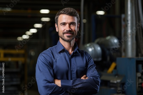Handsome male engineer in a factory with blurred background
