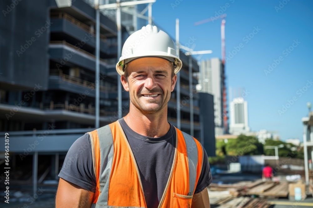 Handsome male builder in a hard hat near high-rise buildings with a blurred background Handsome male builder in a hard hat near high-rise buildings with a blurred background