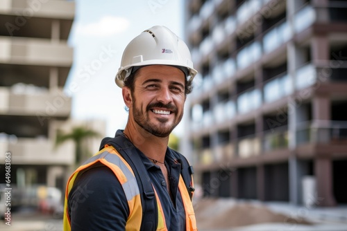 Handsome male builder in a hard hat near high-rise buildings with a blurred background