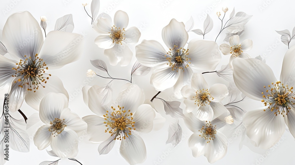 a group of white flowers on a white background with a gold center. generative ai a group of white flowers on a white background with a gold center. generative ai