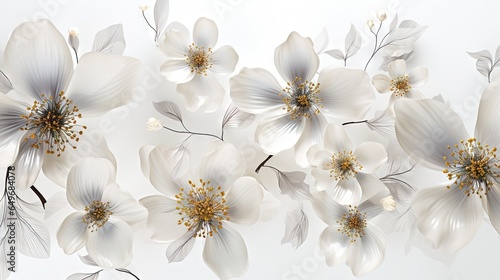  a group of white flowers on a white background with a gold center.  generative ai