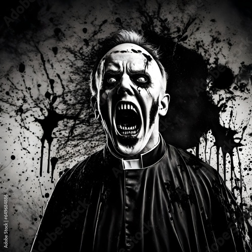 Valokuvatapetti Black and white illustration of an evil scary Halloween zombie priest screaming
