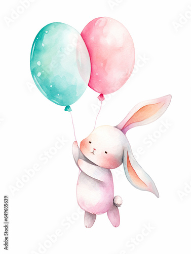 Watercolour Collection { No4 } Cute Kawaii Party Animal & Flying Balloons - Birthday Card - Rabbit Bunny