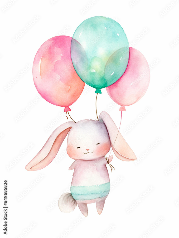 Cute bunny with balloon isolated on a white background. Adorable party rabbit with flying balloons - Birthday card with copy space. Watercolor Collection {No4}. Cute bunny with balloon isolated on a white background. Adorable party rabbit with flying balloons - Birthday card with copy space. Watercolor Collection {No4}.