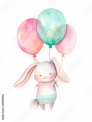 Cute bunny with balloon isolated on a white background. Adorable party rabbit with flying balloons - Birthday card with copy space. Watercolor Collection {No4}.